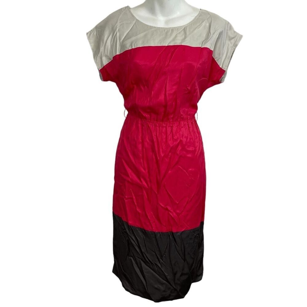 BODEN Silk Blend Dolman Sleeve Knee Length Lined Color Block Pink Gray Dress 6 L
